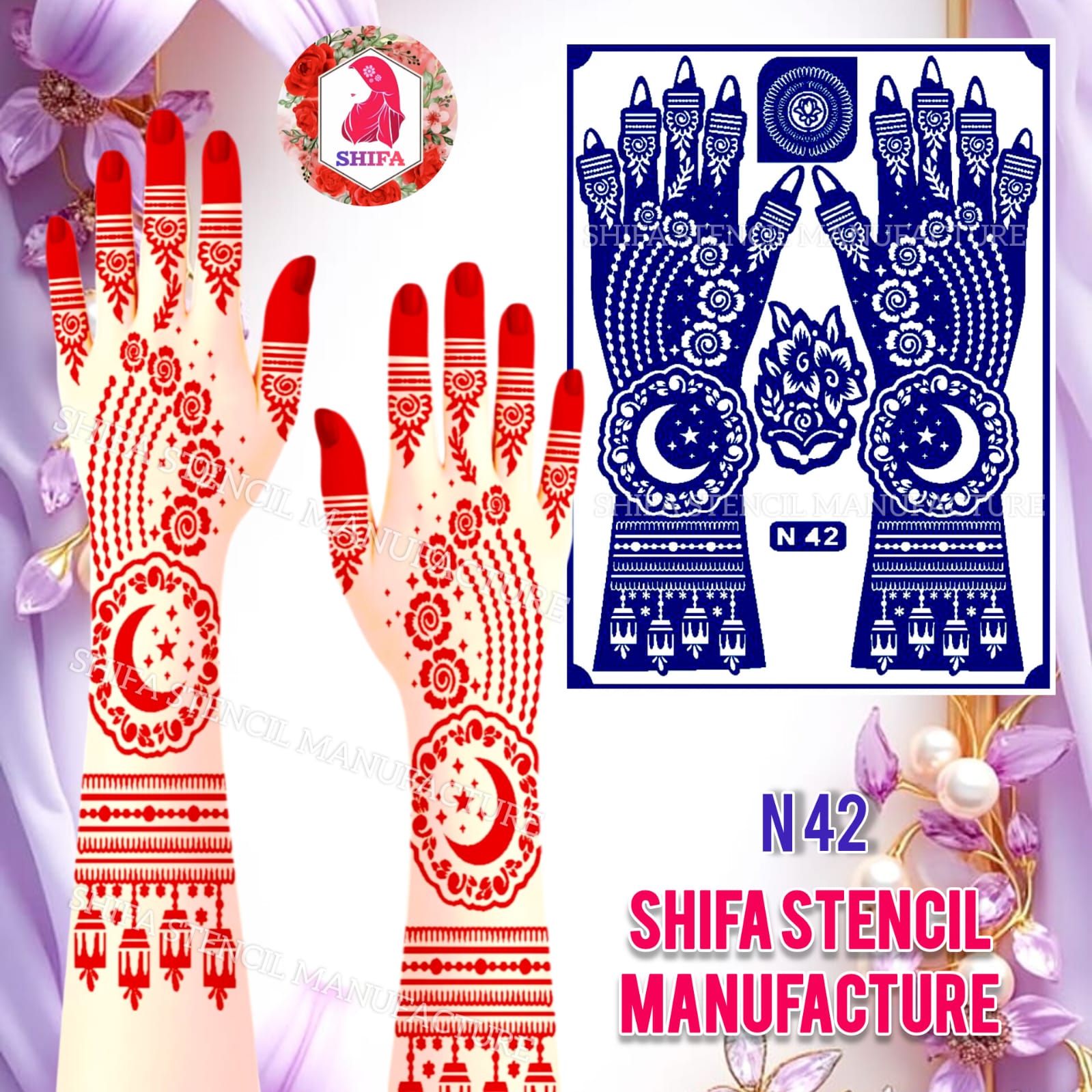 N 42 Crescent Bloom Stencil Sticker Overview Henna Stencil - Shifa Stencil